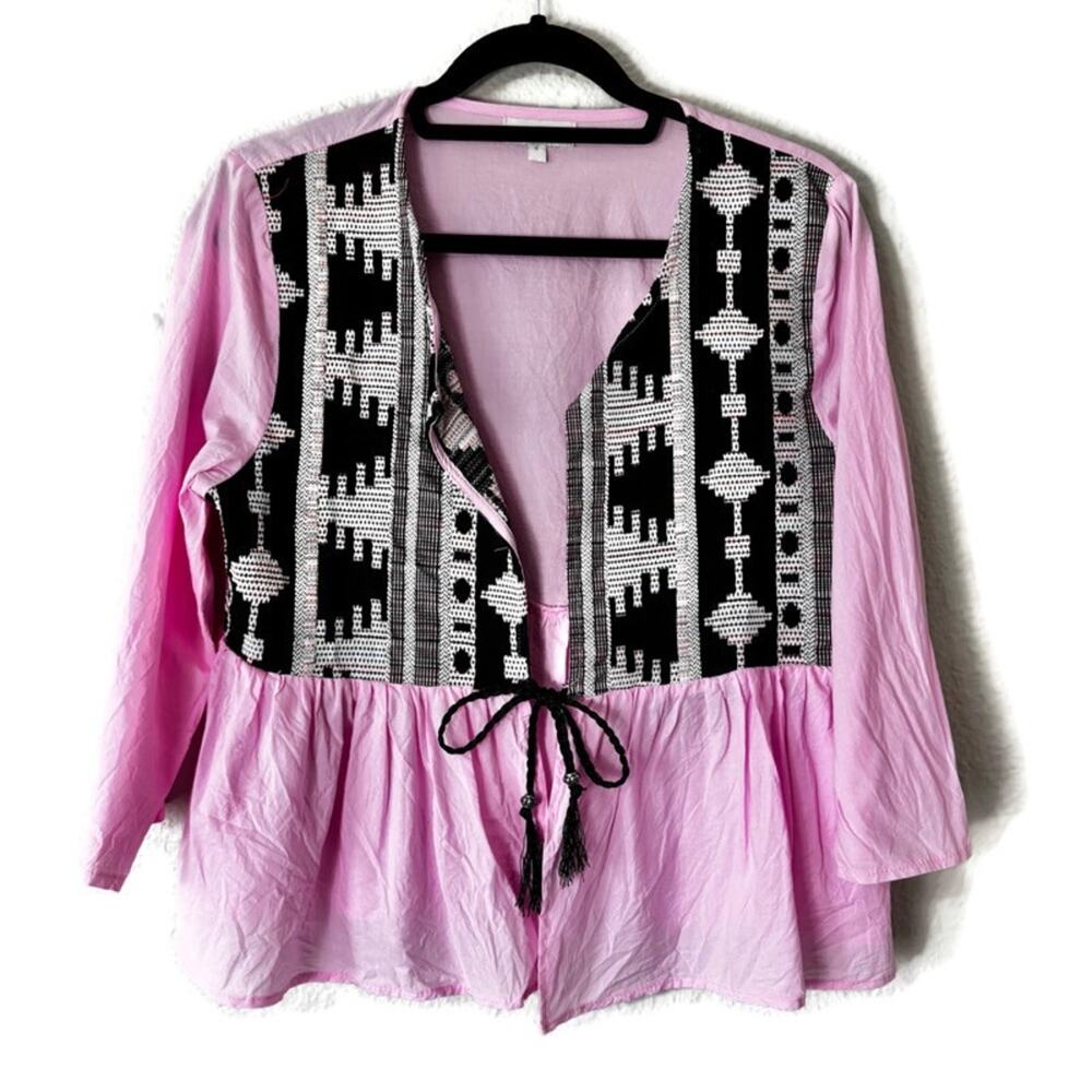 Pink Western Aztec Ruffle Loose Peplum Front Tie Blouse Size Small